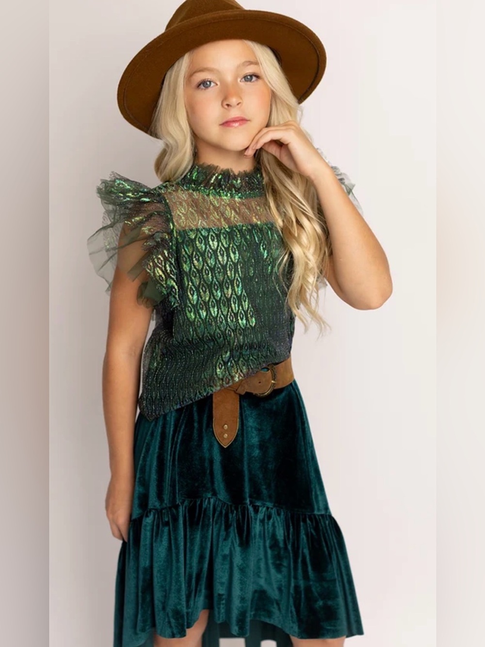 Joyfolie Emerald Green Velvet Tiered Midi Skirt